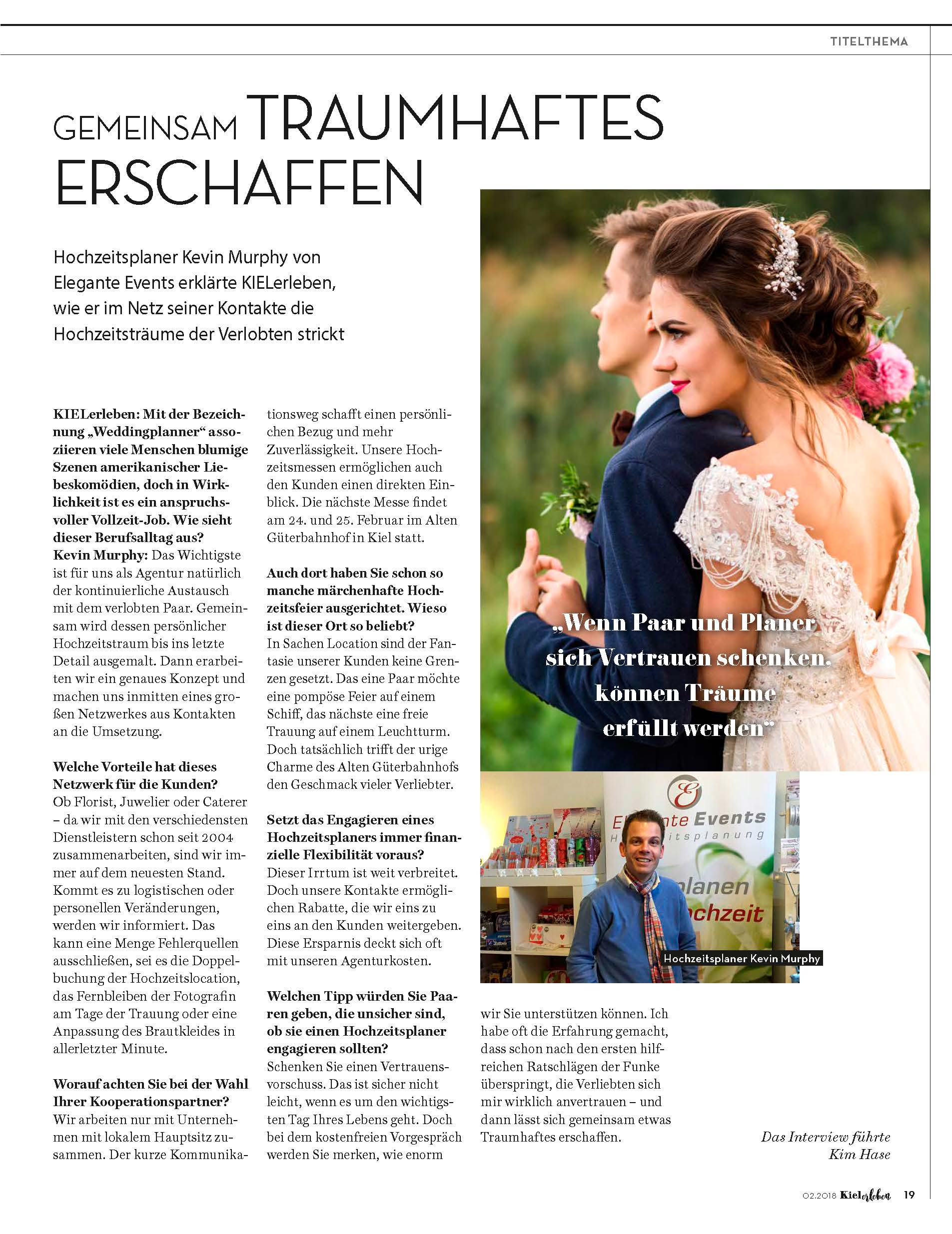 Bericht KielerLeben über Elegante Events als Hochzeitsplaner in der Ausgabe Februar 2018. Gemeinsam Traumhaftes erschaffen.